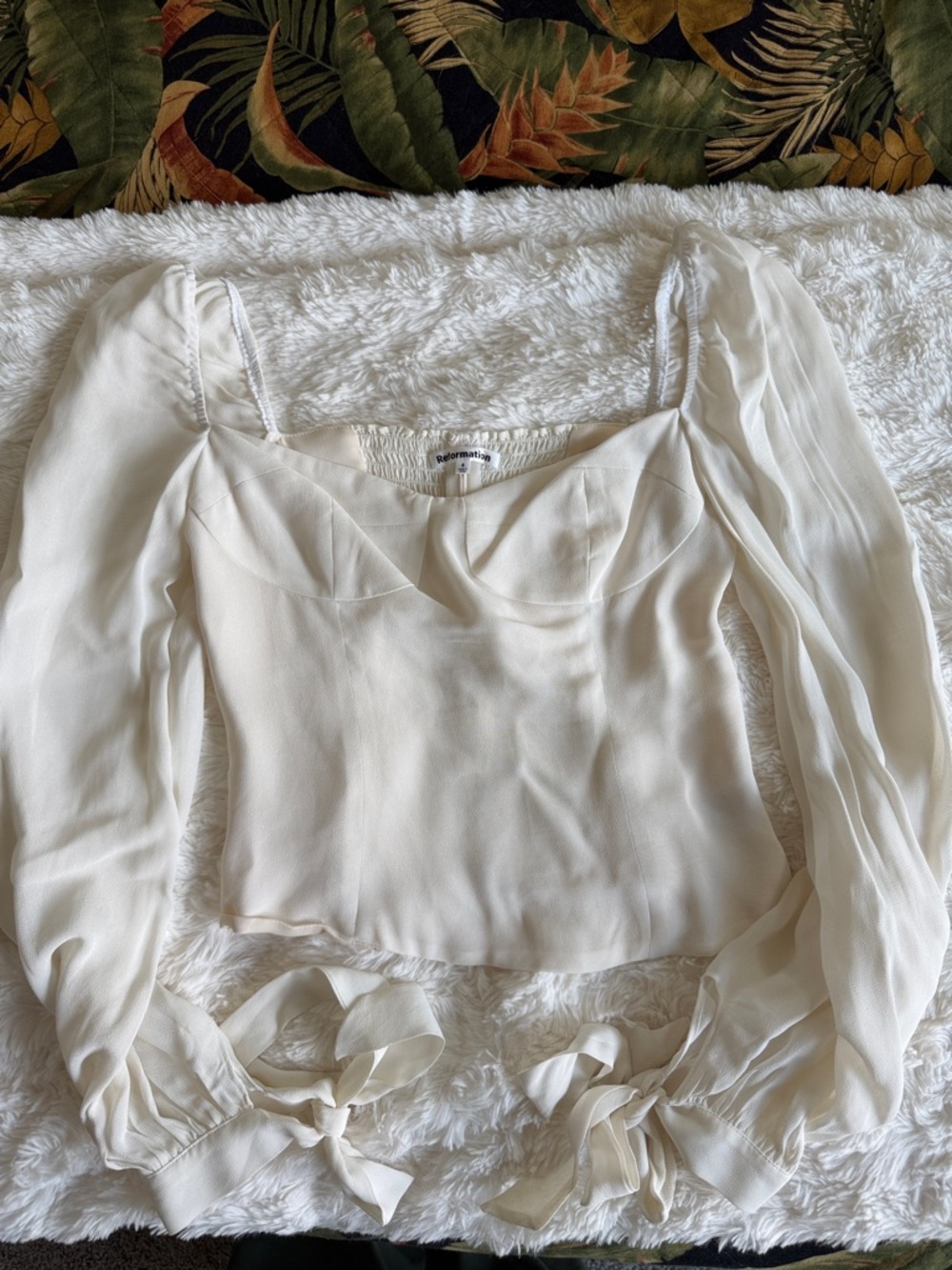 Reformation Ivory Sheer Long-Sleeve Tie Cuff Blouse